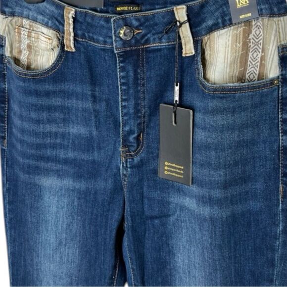 Dark Wash Flare Jeans | Aztec Print Cuffed Hem | High Rise Stretch | L&B | NWT - Picture 7 of 12